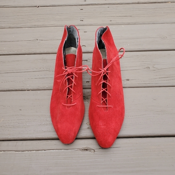 Vintage 80s Red Suede Leather Retro Pin Up Girl Lace-up Granny Lolita Booties 11 - Picture 2 of 8